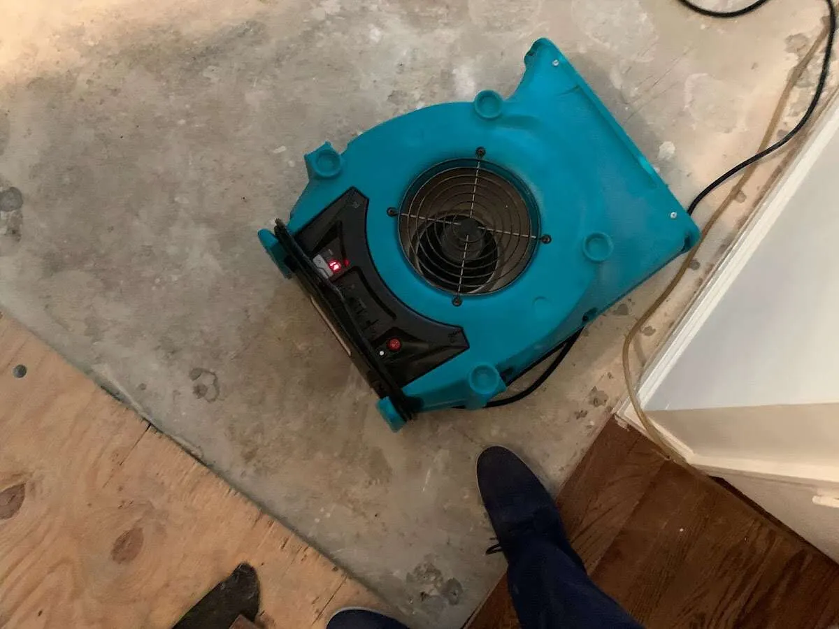 Air mover drying subfloor during Commercial Water Damage Restoration in Pueblo West